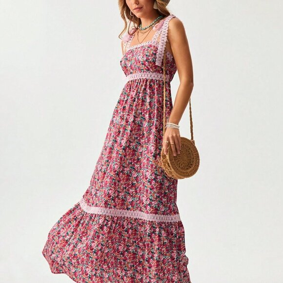 Pink Boho Women's Cowgirl Style Floral Lace Patchwork Dress - Picture 3 of 6